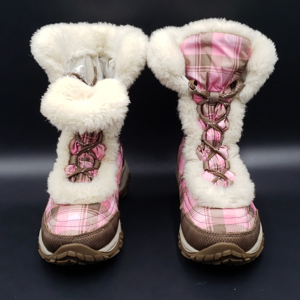 The North Face Nuptse Goose Down and Fur Winter Boots-Pink Plaid Girls Size 5
